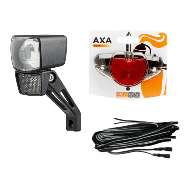AXA Beleuchtungset ,Led Scheinwerfer 60LUX,Standlicht,Nabendyanmo + Axa Sparky Led Gepäckträger Rücklicht Set 1
