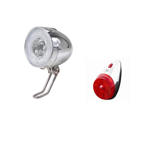 Retro Scheinwerfer LED,Chrom + Retro Batterie Schutzblech Rücklicht